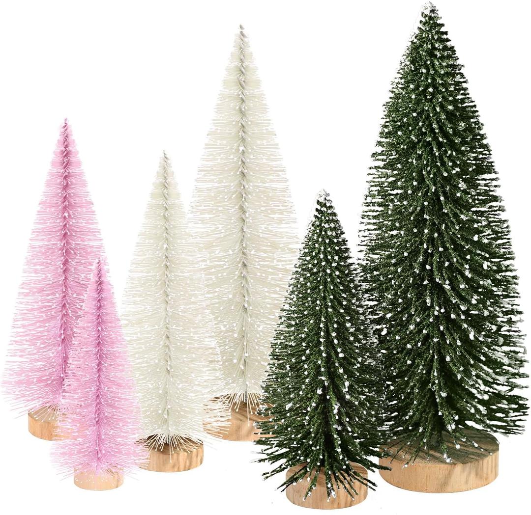6pcs Mini Christmas Trees Christmas Decor, Artificial Christmas Mini Bottle Brush Trees Tabletop, Christmas Decoration Trees with 4 Size Xmas Holiday Decor (6pcs Green+Pink+Beige)