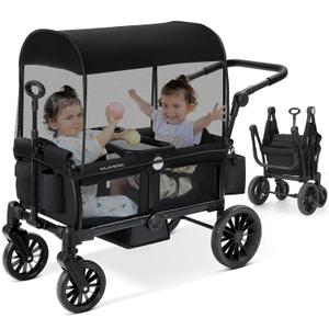 ELEMARA Foldable Wagon Stroller, Stroller Wagon for 2 Kids, Premium All Terrain Wagon for Kids with Removable Canopy, Adjustable Push/Pull Handle, Harnesses, Large Storage Bag, Black