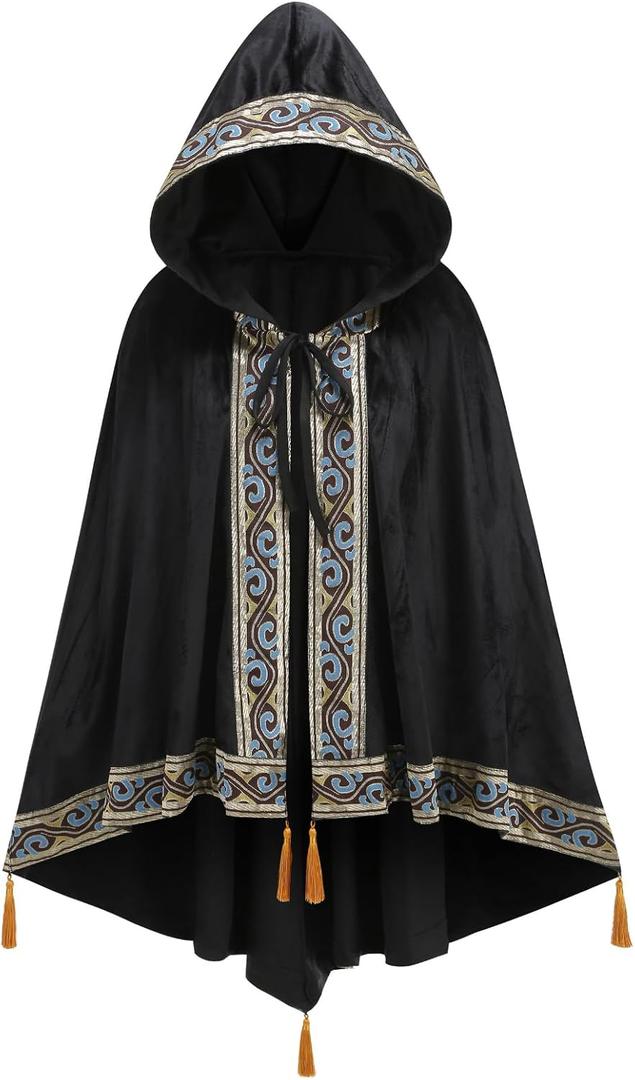 Adult Medieval Witch Hooded Cloak Women Man Renaissance Black Witchs Cape with Hood Halloween Cosplay (Black)