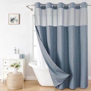 Long No Hooks Needed Linen Textured Shower Curtain with Snap-in Fabric Liner Set,Blue Grey Hotel Luxury Decor Shower Curtains for Bathroom,Waterproof & Washable,71Wx80H Blue Gray Long No Hooks Needed Linen Textured Shower Curtain with Snap-in Fabric Liner Set,Blue Grey Hotel Luxury Decor Shower Curtains for Bathroom,Waterproof & Washable,71Wx80H Blue Gray