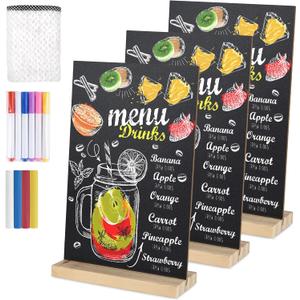 3 Packs 8 x 12 Inch Tabletop Chalkboard Sign With Wood Base - Double-Sided Message Boards Menu Stand for Kitchen, Wedding, Bar and Restaurant
