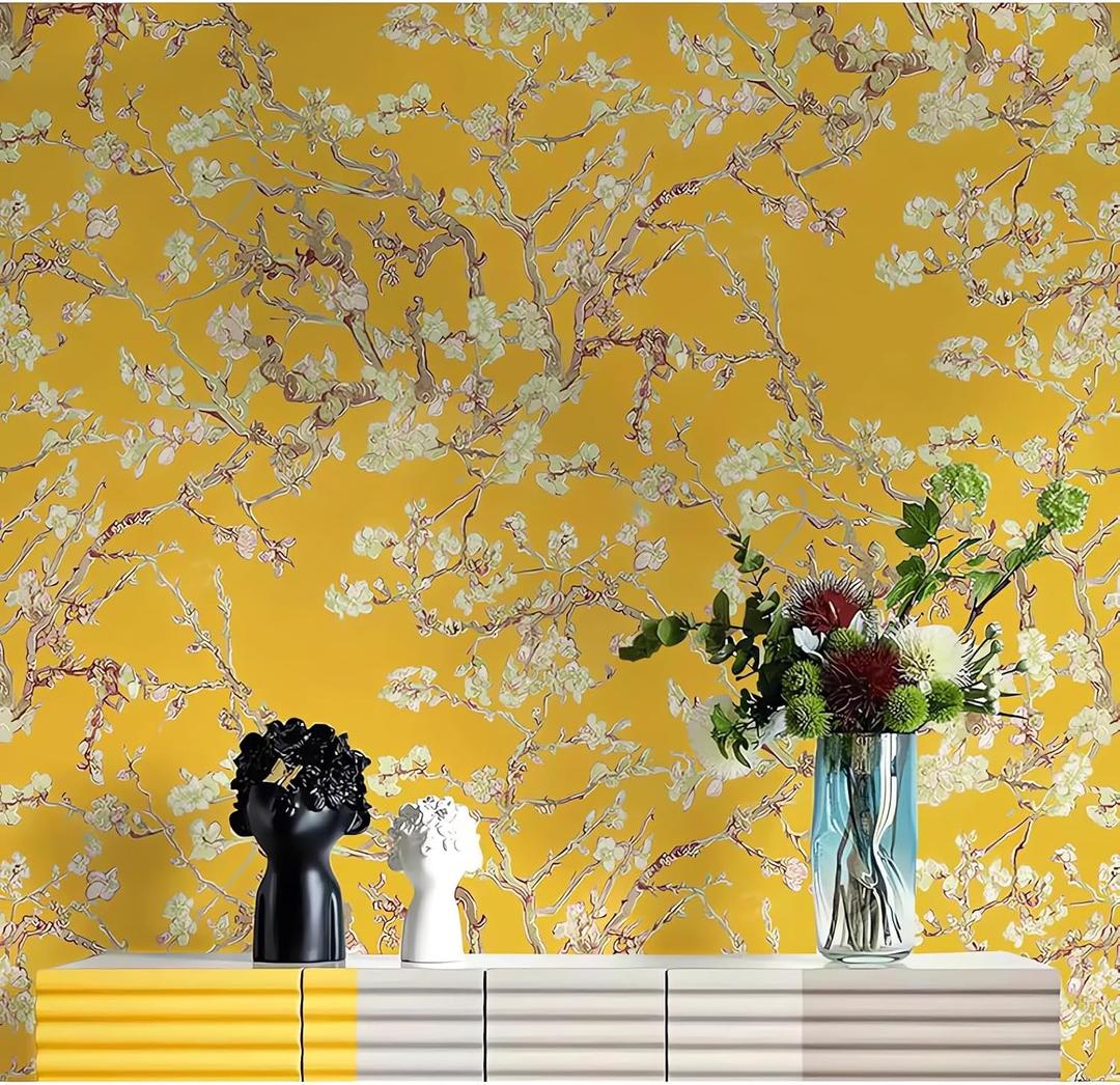 Blooming Wall Van Gogh Almond Blossom Yellow Wallpaper Featuring Vintage Floral Wallpaper Wallcovering for Elegant Artistic Mural in Bedroom and Living Room Decor (Paste Required)