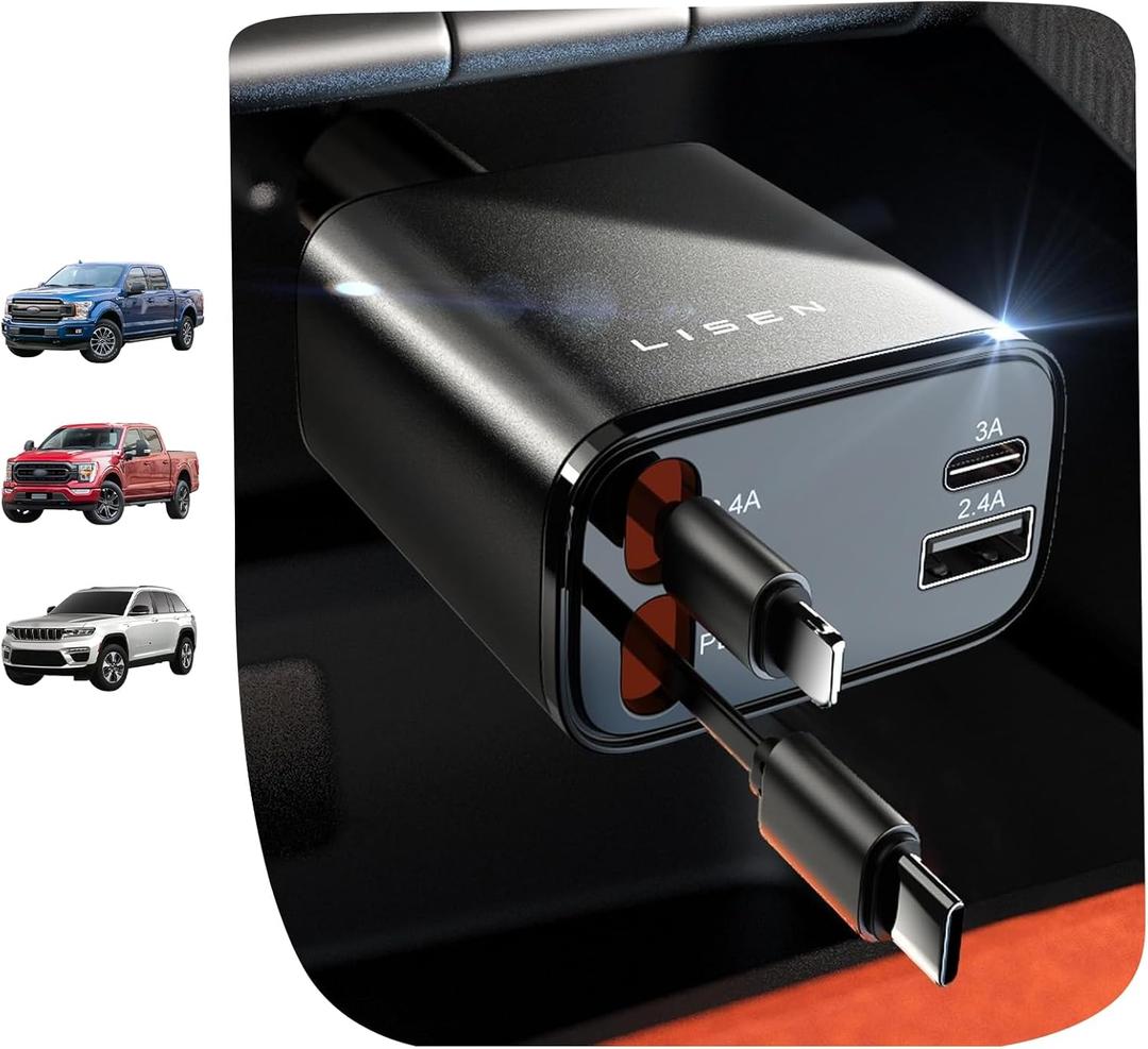 LISEN Retractable Car Charger, 69W Cars Adapter USBC Fast Charger for iPhone 17 16 Pro Max, Car Accessories for Valentines Day Gifts for him Her Birthday Gifts for Men Women 2026 Tech Gadgets for Men