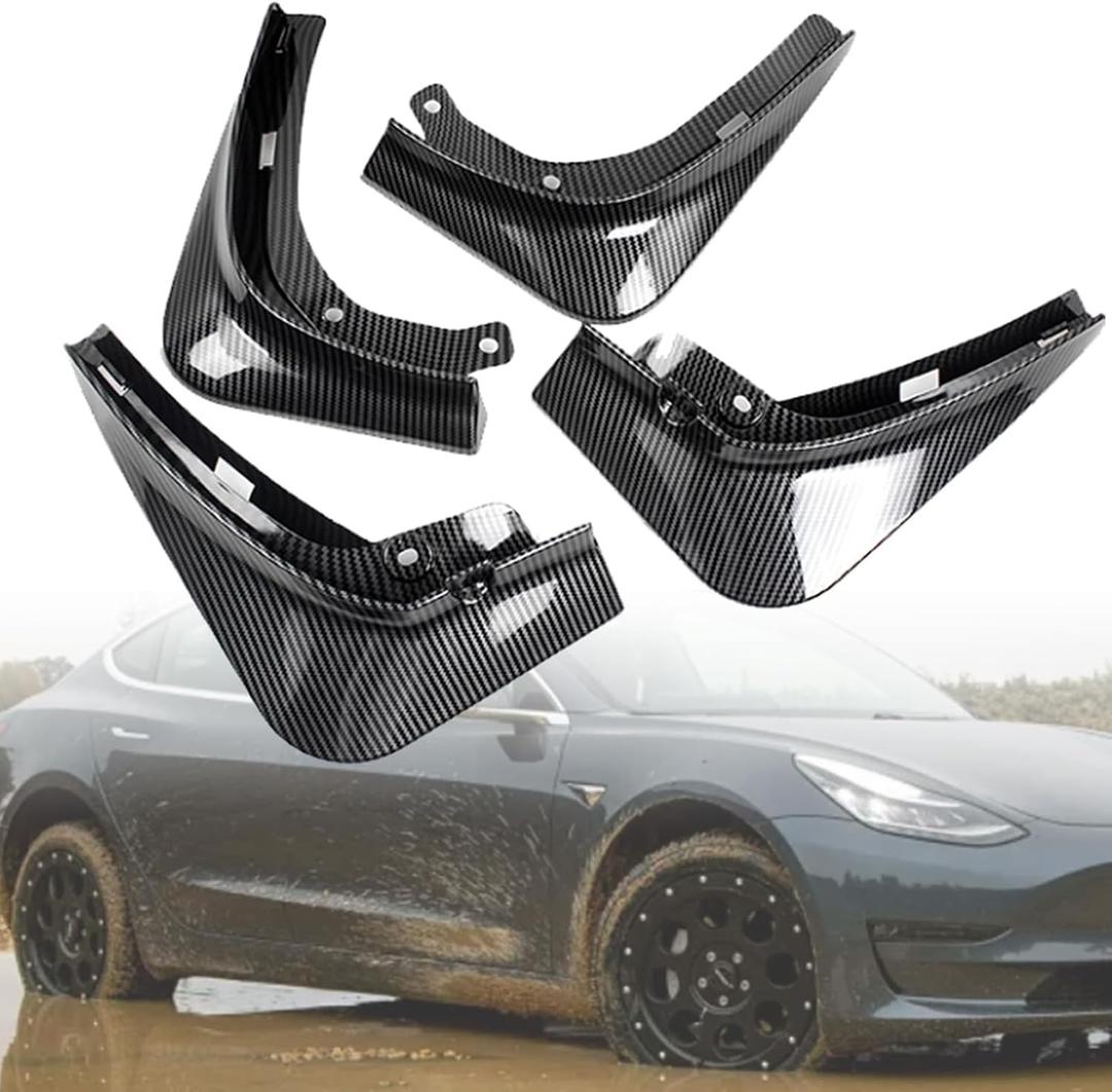 Mud Flaps for Tesla Model 3 2016-2023 Splash Guards Carbon Fiber Front Rear Fender Protection Mudflaps No Need to Drill Holes (Set of 4, Upgrade Version)