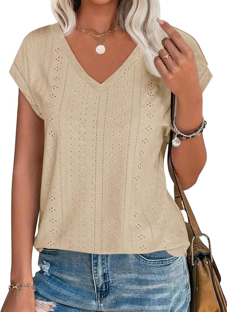 Imily Bela Womens V Neck T-Shirt Summer Cap Sleeve Dressy Casual Tops Eyelet Embroidered Fashion Tees (S)