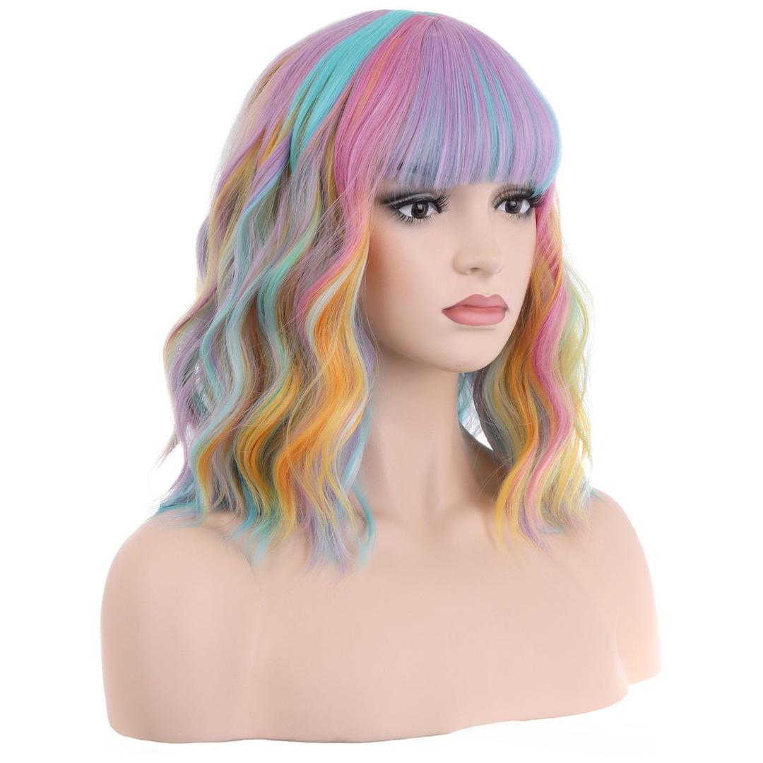 14 Inches Rainbow Wig Short Wavy Pastel Wig with Bangs Multi Color Wigs for Women Girls Heat Resistant Synthetic Cosplay Costume Wigs