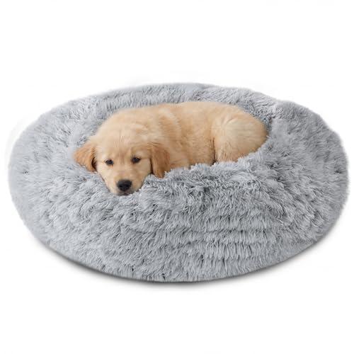 JOLLYVOGUE Calming Dog Bed Medium Size Dog, Anti-Anxiety Donut Medium Pet Bed, 27 inches Fluffy Faux Fur Round Cat Bed (Smoke Grey)