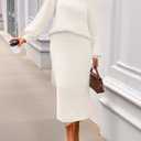 MEROKEETY Women's Fuzzy 2 Piece Outfit Winter Long Sleeve Off Shoulder Pullover Top Midi Skirt Matching Lounge Sets (Beige)