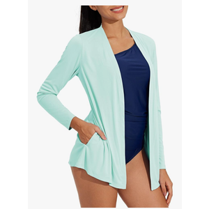 Womens Thin Summer Cardigan Long Sleeve Open Front Upf50 Uv Spf Sun Protection Lightweight Cover Up Thumb Holes with Pockets, Size Large 