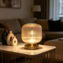 Mid Century Modern Table Lamp, Amber Ribbed Glass Nightstand Light with Gold Base,E26 LED Bulb Vintage Decorative Desk Lamp for Bedroom Living Room Study