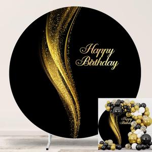 Black and Gold Happy Birthday Round Backdrop Cover 7.2ft Black Background for Photography Gold Shining Sequins Birthday Party for Women Man Adult Kids Photo Portrait Photo Studio Props