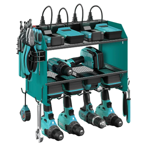 CCCEI Modular Power Tool Organizer Wall Mount with Charging Station. Garage Drill Storage Shelf with Hooks, Heavy Duty Rack, Tool Battery Holder Built in 8 Outlet. Gift for Men. Navy Blue, 1 Pack