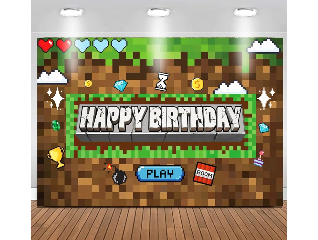 Pixel Birthday Party Decorations Pixel Video Game Banner for Miner Birthday Party Backdrop Photo Background Wall Decor Mining Party Supplies