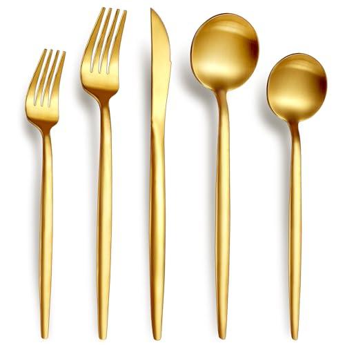 15 Piece Gold Silverware Set  Stainless Steel Flatware with Thick Spoons and Forks, Matte Golden Cutlery, Eating Kitchen Utensils for Home Restaurant Wedding, Dishwasher Safe