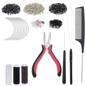 Hair Extension Tools Kit, 600 Silicone Lined Micro Rings, 1 Plier, 2 Hook Needle Pulling Loop, 10 Curved Hair Needle, 1 Comb, 3 Sewing Threads, 200 Mini Rubber Bands