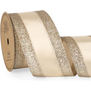 Ribbli Champagne Gold Wired Ribbon Satin with Glitter Edge 2.5 Inch Champagne Christmas Ribbon for Tree Gift Wrapping Wreaths Garland Topper Bows Crafts Home Decor -10 Yards