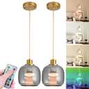 2 Pcs Battery Operated Pendant Light,Battery Ceiling Light With 10000 mAh RGB Rechargeable Light Bulbs 50 hrs Run Time,Glass Hanging Light with Remote Control For Kitchen Island,No Wiring Required