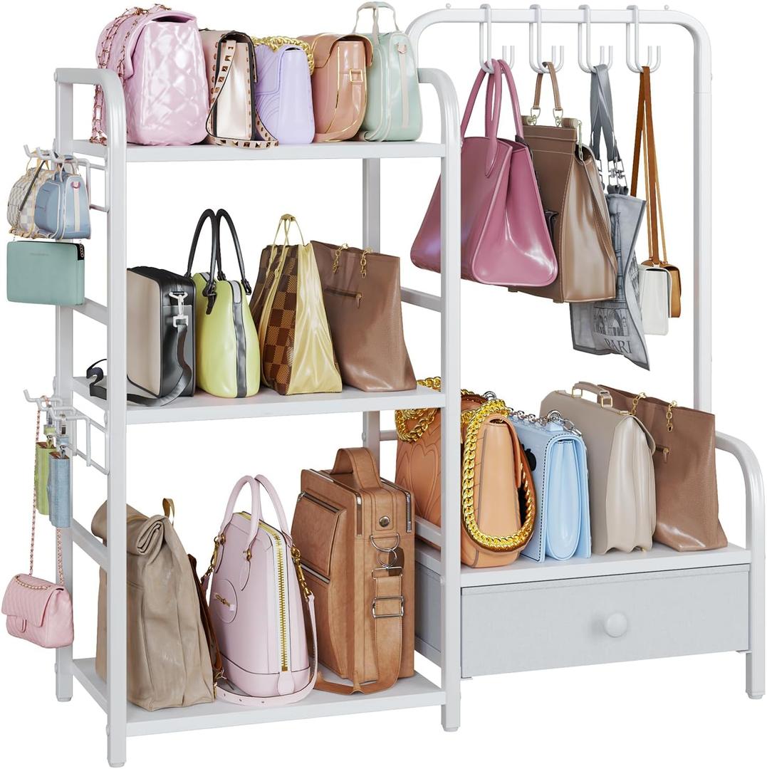 Purse Organizer for Closet, with Bottom Drawer, Extra Large Capacity 3 Tier Handbag Storage Rack for Women, 10 Purse Hanger and Hooks for Bag Organizer, Floor-Standing, Home, Living Room (White)