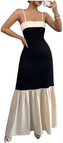 SOLY HUX Women's Color Block Ruffle Hem Maxi Dress Spaghetti Strap Elegant Long Cami Dresses, Size Large