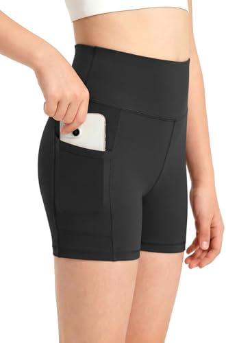 MEJING Girls 3.5" Athletic Bike Shorts with Pockets Soft High Waisted 5-16Y | Biker Running Volleyball Gymnastics Dance Gym Cheer Workout Yoga Compression Shorts, Spandex Butter Soft Under Dress Shorts Size XS
