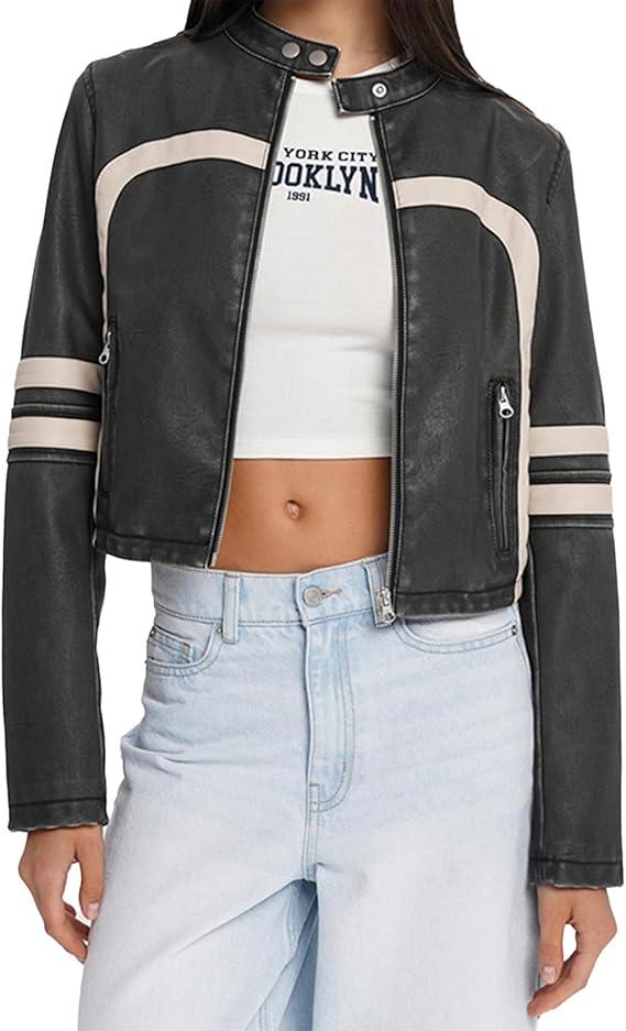 Molilove Leather Jacket Cropped Jacket Motorcycle Jacket for Women Zip Bomber Jacket Women Faux Leather Jacket with Pockets, Medium