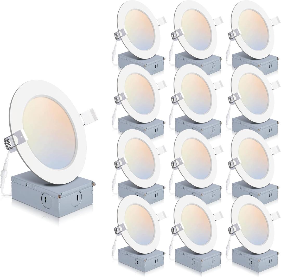 12 Pack 4 Inch LED Recessed Lighting with Junction Box, 5CCT 2700K-6000K Selectable Ceiling Light, 9W 850lm Ultra-Thin Recessed Downlight-ETL and Energy Star Certified