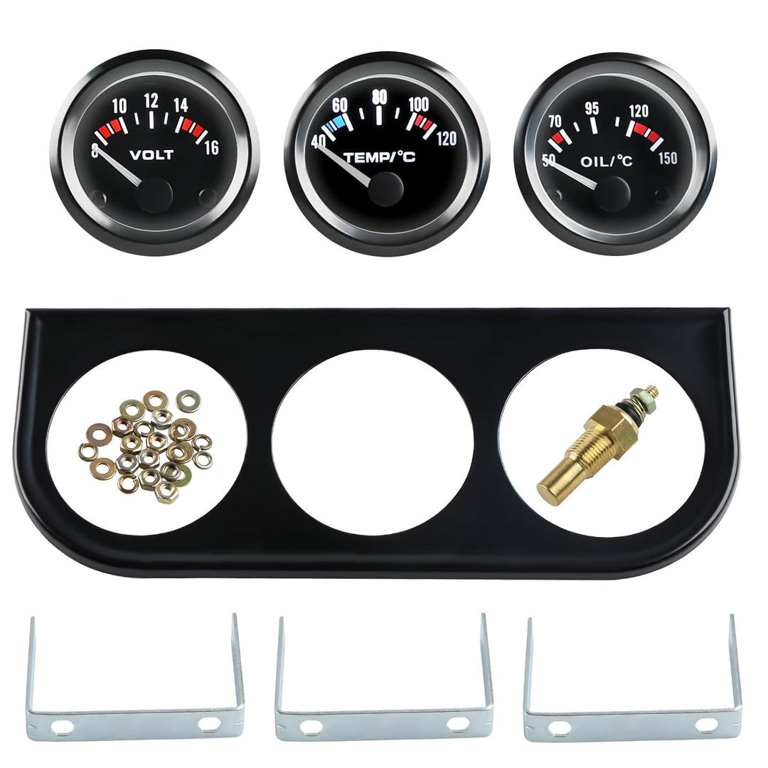 WATERWICH Triple Gauge Kit 2.52mm Car Meter Auto Gauge 3 in 1 Voltmeter + Water+ Temperature Gauge +Oil Temperature Gauge DC 12V for Car Truck Vehicle Boat Tractor Marine