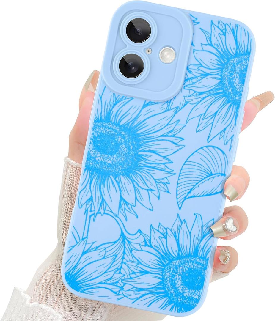 Fiyart Designed for iPhone 16 Case Cute Flower Floral Sunflowers Design,Soft Slim TPU Anti-Scratch Phone Cover for Women Girls 6.1"-Blue