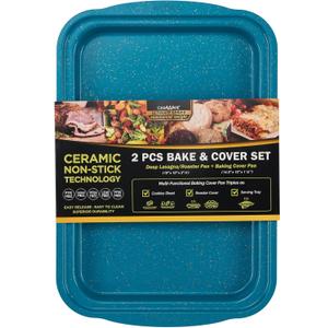 casaWare Ceramic Coated Non-Stick 2pc Bake & Cover Set Ultimate Commercial Weight, 15x10x3-inch Deep Lasagna/Roaster Pan and 14x9.5x3/4-inch Cookie Sheet/Baking Cover Pan with Handles (Blue Granite)