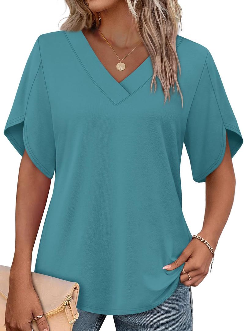 WIHOLL Womens Summer Tops Short Petal Sleeve Shirts Fashion V Neck Womens Clothing