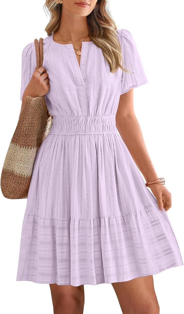 BTFBM Womens Spring 2026 Casual Mini Dresses Lightweight Short Sleeve V Neck Elastic Waist Cute Boho Beach Dress Pockets (S, Light Pink Purple)