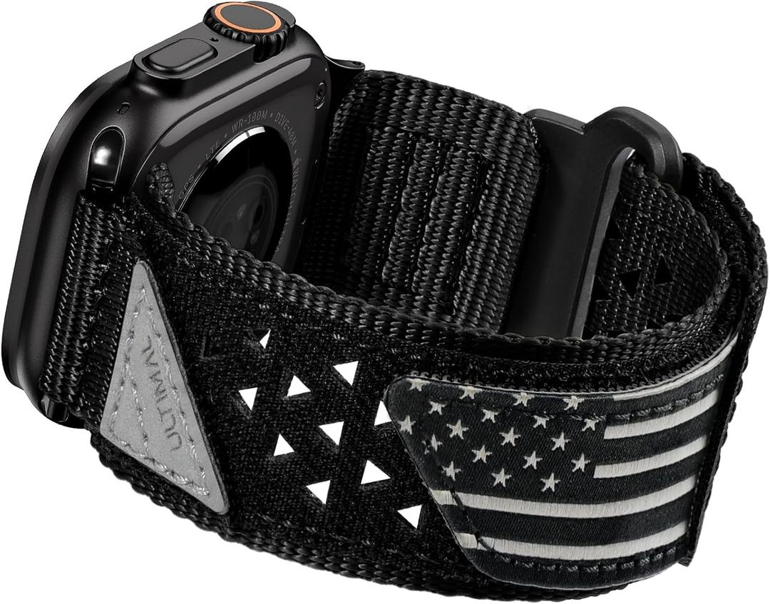 ULTIMAL Compatible witch Apple Watch Ultra 3/2/1 Series 11/10/9/8/7/6/5/4/SE/SE2/SE3,Nylon velcro Stars-Stripes Flag Woven Strap for men 49mm 46mm 45mm 44mm (XL,Black USA Flag)