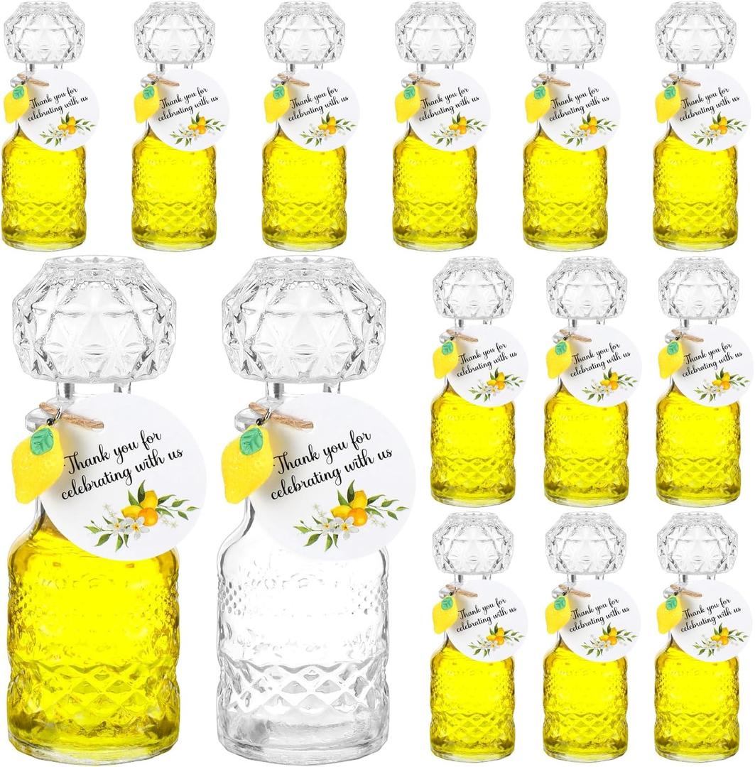 Chuangdi 16 Sets Mini Limoncello Glass Bottles 1.7 oz Limoncello Bottles with Labels Lemon Pendants Lemon Party Favors for Homemade Brewing Wedding Baby Shower Christmas Gifts(Delicate)