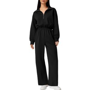 QINSEN Women's AirCotton Long-Sleeve Half-Zip High Waisted Wide Leg Jumpsuit with Peckets (Black, M)