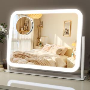 ROLOVE Lighted Makeup Mirror, 17"x13" Vanity Mirror with Lights, 10X Magnification, Gifts for Women, 3 Color Lighting Modes, Smart Touch Control, 360 Rotation for Bedroom or Tabletop (White)