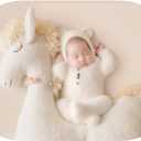 Newborn Photography Props Boys Girls Outfits Mohair Bear Hat Bonnet & Footed Romper Bodysuit Photoshoot Costume Set (White)