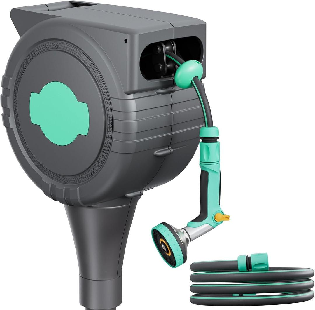 Retractable Garden Hose Reel 1/2" x 75 ft, Auto Garden Hose Reel on Metal Spike, Any Length Lock, Heavy Duty Wall & Ground Mounted Hose Reel with 6 Patterns Nozzle, Slow Return System 180/360 Swivel