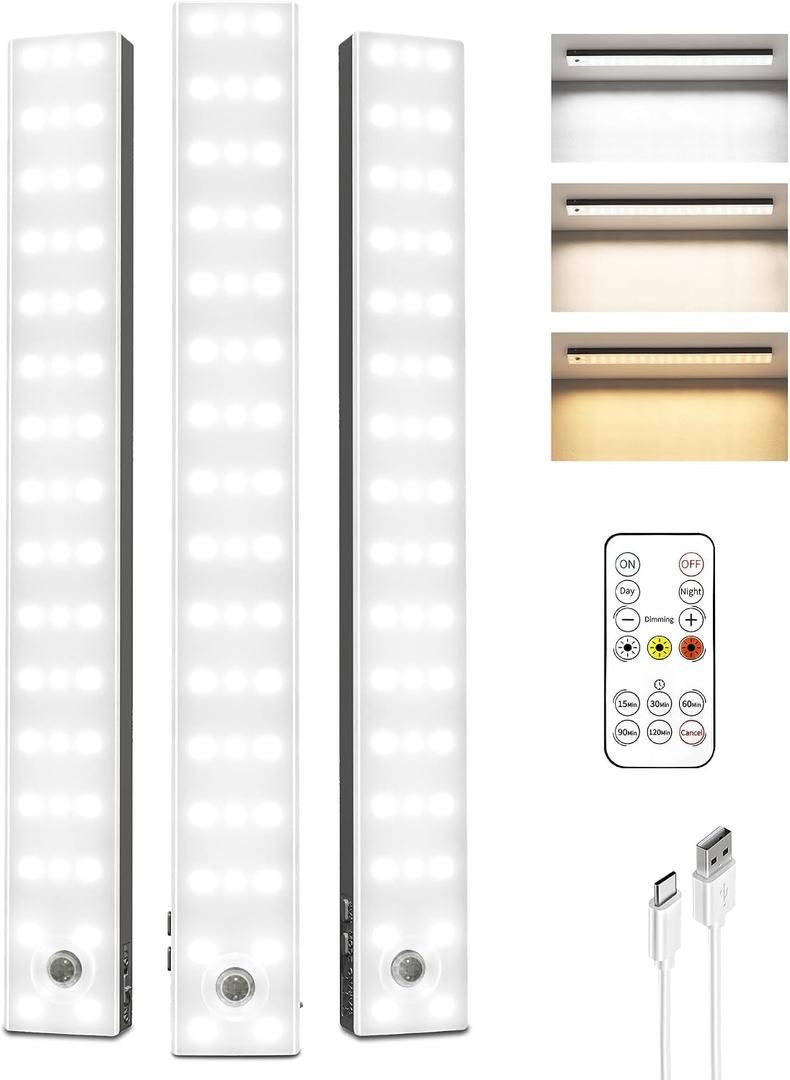 EZVALO 13inch Under Cabinet Lighting, 3200mAh Rechargeable Wireless Motion Sensor Lights, 96 LEDs, 3 Color Temps, Dimmable, Timer, Magnetic, with Remote for Kitchen (3 Pack)