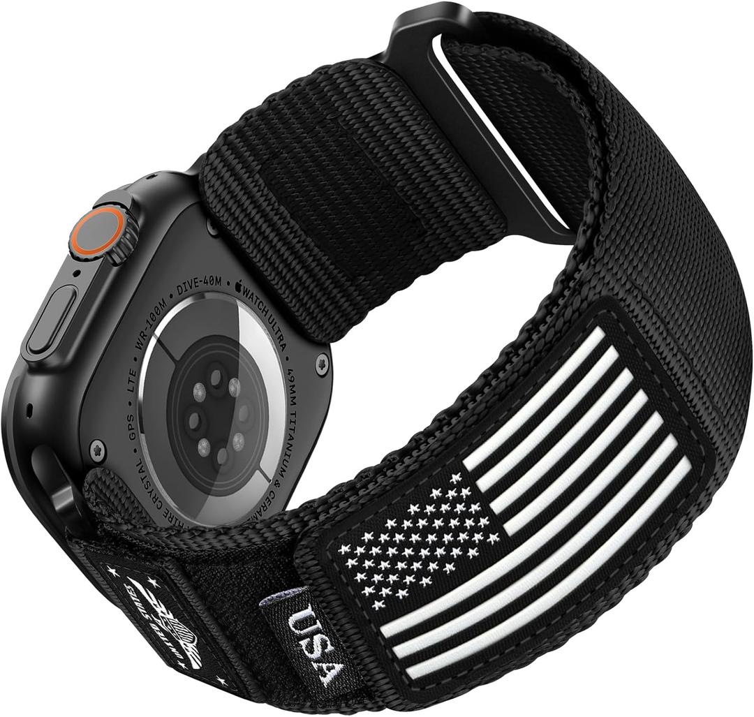 SNBLK Rugged Nylon Stretchy Bands Compatible with Black Apple Watch Band Men, Soft Woven Stars- Stripes Flag Strap for iWatch Bands 49mm 46mm 45mm 44mm 42mm Series 10 9 8 7 6 5 4 3 2 1 Ultra Se