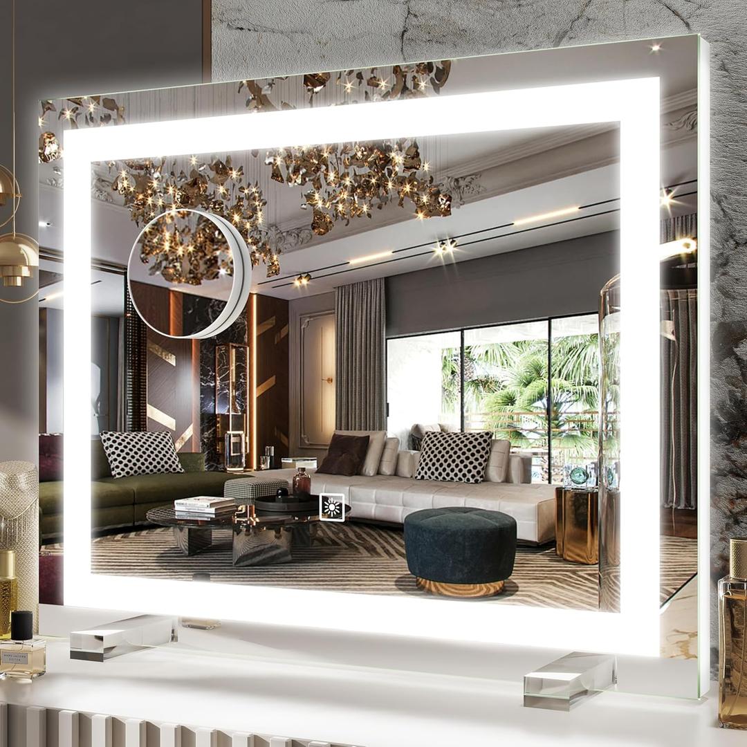 FENNIO Vanity Mirror with Lights20"x23" Lighted Makeup Mirror, Large Makeup Mirror with Lights, Touch Sensor with Dimmable 3 Modes Square White