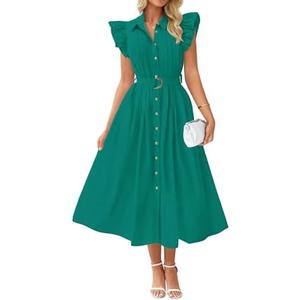 ZESICA Women's 2025 Summer Boho Button Midi Dresses Casual V Neck Flutter Sleeve Belted Long Dresses with Pockets, Dark Green, Large