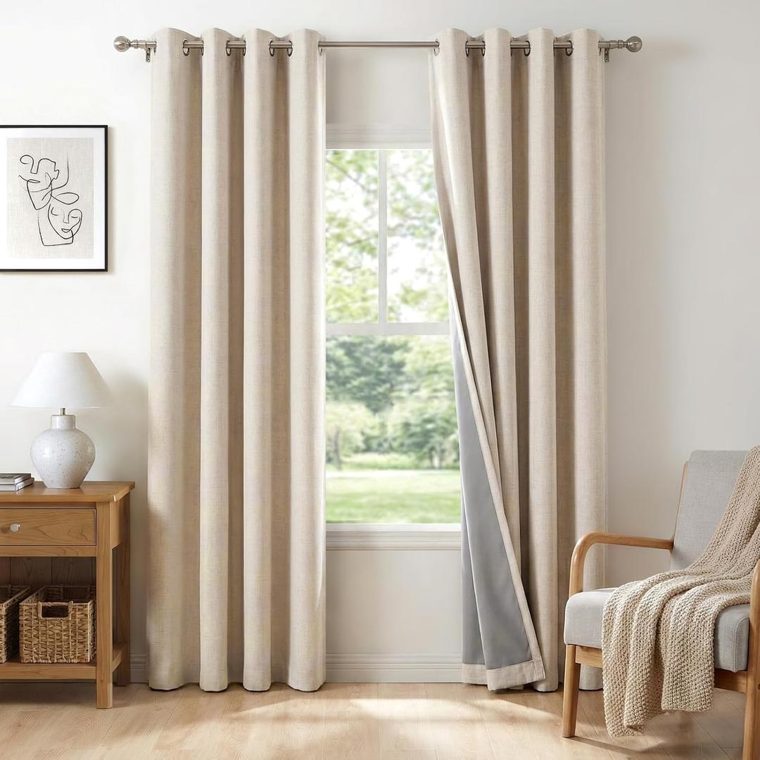 100% Blackout Shield Linen Textured Total Blackout Curtains for Bedroom 80 Inches Long, Oatmeal Grommet Curtains for Living Room, Thermal Insulated Room Darkening Drapes, 50" W x 80" L, 2 Panels