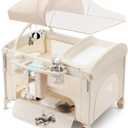 4 in 1 Baby Bassinet Bedside Crib with One-Hand Setup & Waterproof Mattress – ASTM-Certified Pack and Play, Portable Foldable Playard with Diaper Changer for Newborn to Toddler(Khaki)