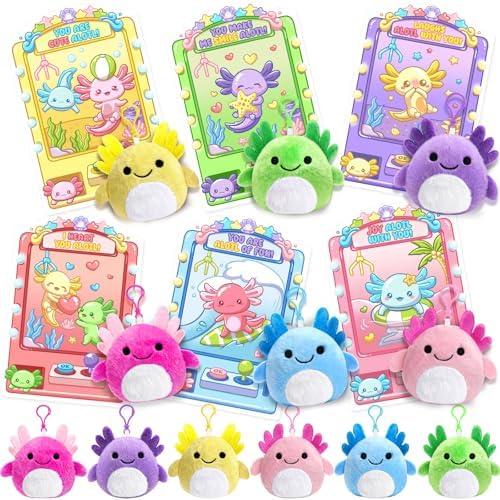 Valentines Day Gifts for Kids - 24 Pack Axolotl Plush Toys Keychains, Valentines Day Cards for Kids School Classroom Prize Exchange, Goodies Bag Stuffers, Valentine Cards Party Favors for Boys Girls