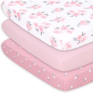 The Peanutshell 3-Pack Fitted Playard Sheets - Soft & Breathable Baby Girl Mini Crib Sheets, Pack N Play Mattress, Fits Standard Playard Pack Play Mattresses , Pink Roses & Ditsy