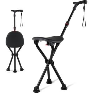 Walking Cane with Seat Folding Lightweight Walking Cane Chair for Seniors, Adjustable Height 32"-36", Heavy-Duty 3-Legged Cane Stool for Men Women (Black)