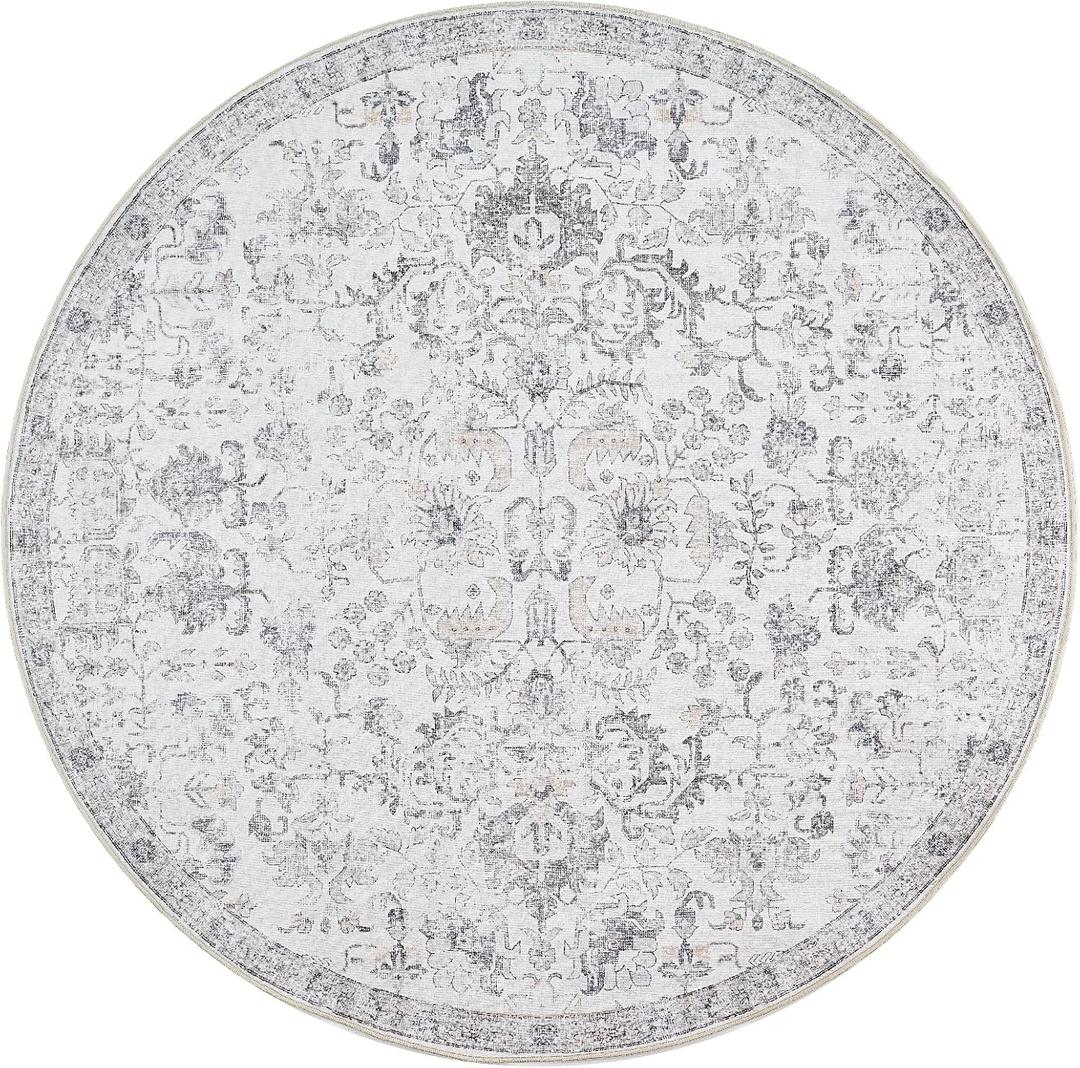 jinchan Kalen Round Rug 5ft Area Rug Washable Vintage Indoor Retro Entryway Floor Cover Distressed Gray Floral 5' Round Circle Boho Non Slip Thin Carpet for Bedroom Living Room Dining Room Grey