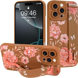 MOWIME for iPhone 16 Pro Max Case with Wrist Strap, Cute Flower Rose Butterfly Design for Women Girls Soft TPU Slim Protective Case Anti-Scratch Shockproof Cover with Adjustable Holder - Brown