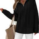 PRETTYGARDEN Womens Spring Sweaters 2026 Long Sleeve Quarter Zip Pullover Sweater Casual Loose V Neck Cable Knit Jumper Tops (Black, S)