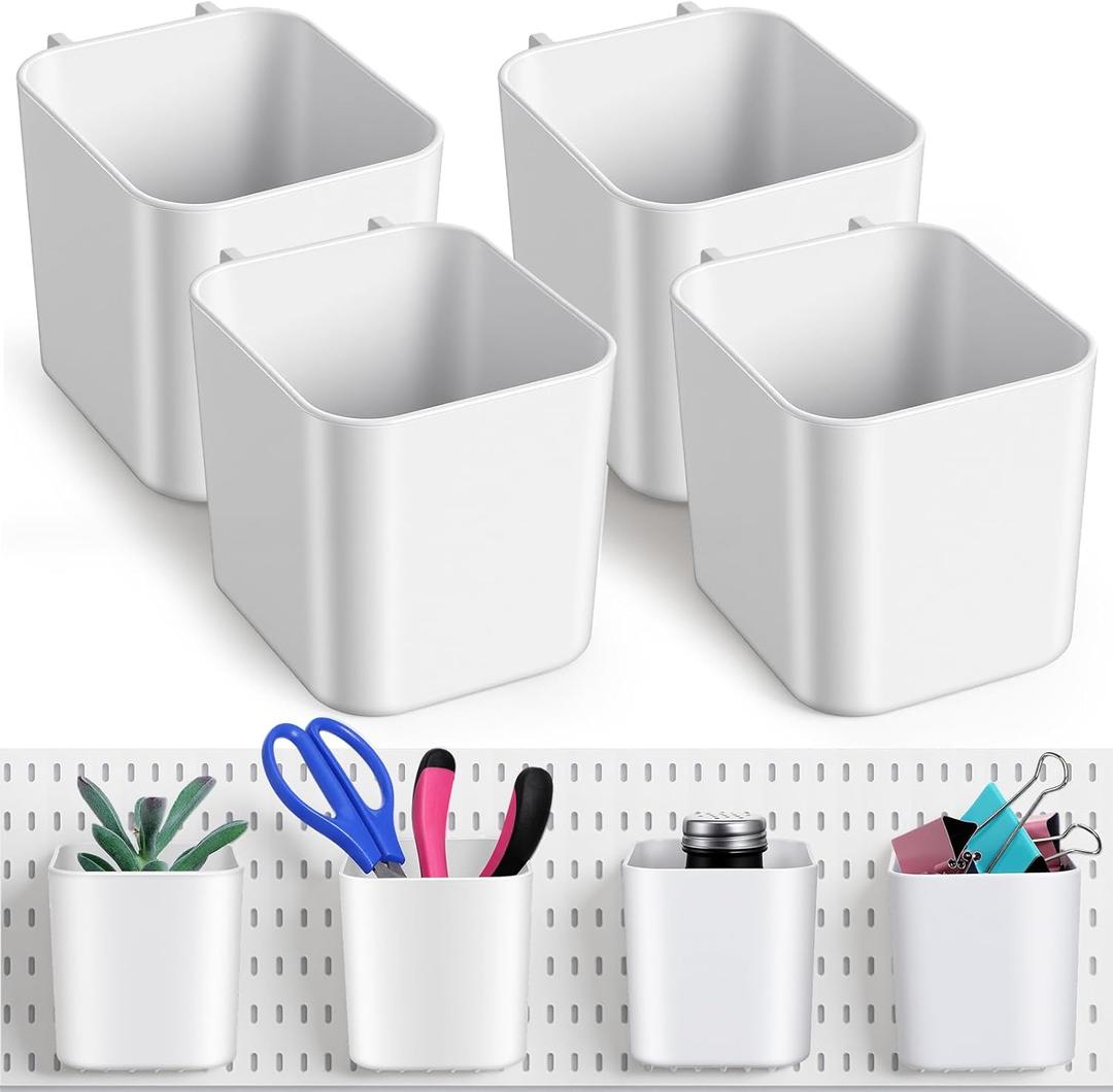 4Pack Pegboard Accessories, Pegboard Cups with Hooks 2.9 x 3.5 x 3.2 Inch Pegboard Bins Accessories Top Storage Containers Peg Board Organizer Cups for Kitchen/Workbench/Garage Wall